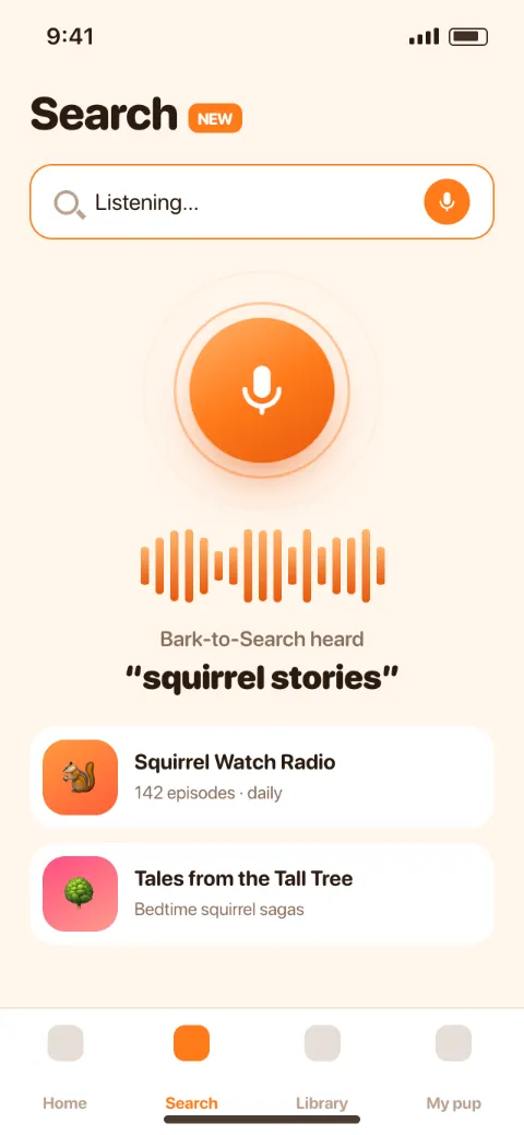 After: a glowing mic button with a live waveform that hears “squirrel stories” and shows results.