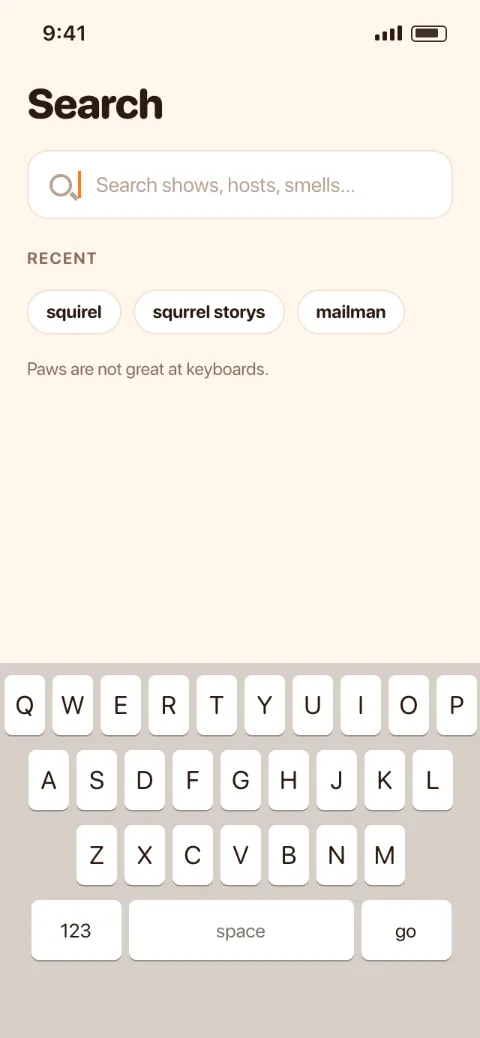 Before: a text-only search screen with a keyboard and misspelled recent searches.