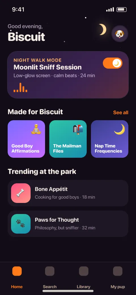 After: a dark home screen with a moon, twinkling stars and a night walk mix.