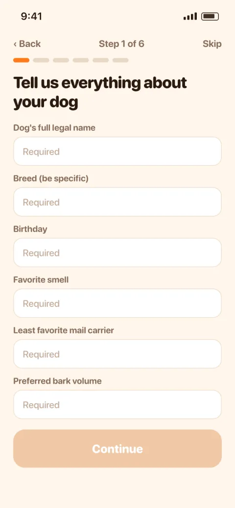 Before: step 1 of 6, a long form asking for six required details about the dog.